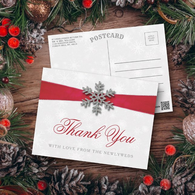 Postal Diamante Snowflake & Red Ribbon Boda de Invierno (Subido por el creador)