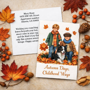 Postal Días de Otoño Niños y Border Collie 