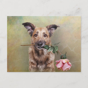 Postal Dibujando perro gracioso sosteniendo una flor en l