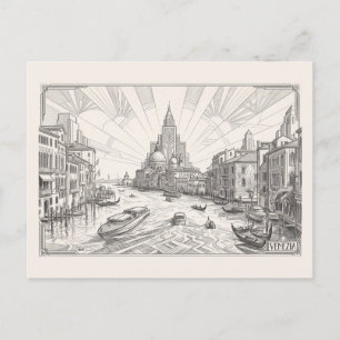 Postal Dibujo a lápiz Art Déco vintage del Gran Canal de