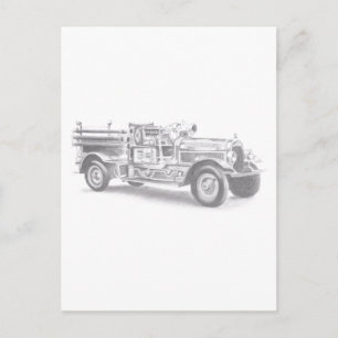 Postal dibujo a lápiz de camión de bomberos antiguo dibuj