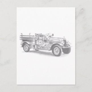 Postal dibujo a lápiz de camión de bomberos antiguo dibuj