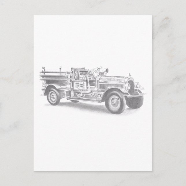 Postal dibujo a lápiz de camión de bomberos antiguo dibuj (Anverso)