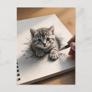 Postal Dibujo a lápiz de gatito atigrado ilusión 3D