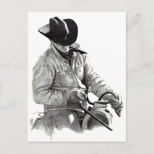 Postal Dibujo a lápiz de vaquero en silla, arte occidenta (Anverso)