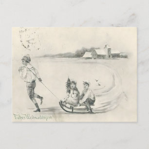 Postal Dibujo a lápiz Escena de granja invernal antigua