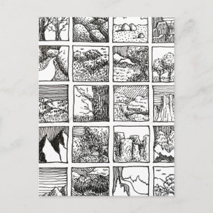 Postal Dibujo a pluma y tinta Paisaje Cuadrados Diseño
