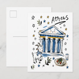 Postal Dibujo adorable del Partenón de Atenas