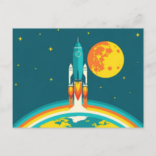 Postal Dibujo animado de cohete espacial lindo