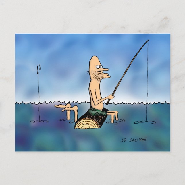 Postal Dibujo Animado de Pesca de Día Extraño (Anverso)