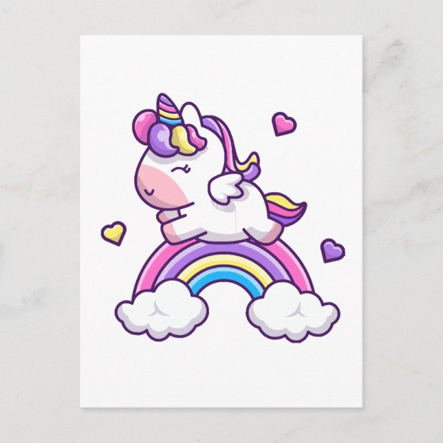 Postal Dibujo Animado de Unicornio Lindo con Arcoíris (Anverso)