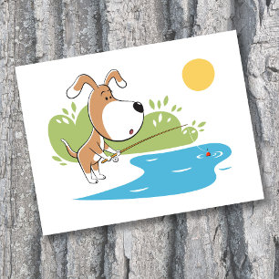 Postal Dibujo Animado Divertido Perrito Lindo Pescando