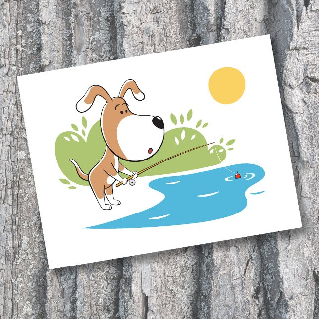 Postal Dibujo Animado Divertido Perrito Lindo Pescando (Subido por el creador)