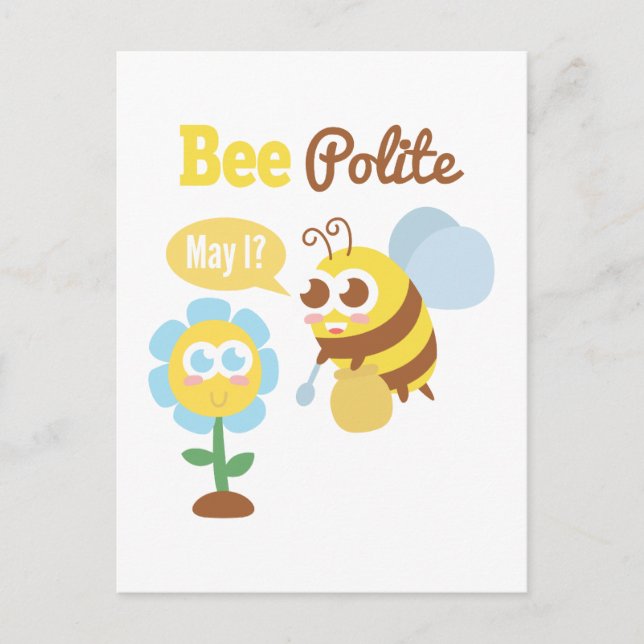 Postal Dibujo animado: linda abeja recogiendo néctar de u (Anverso)