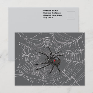 Postal Dibujo artístico de araña viuda negra y telaraña