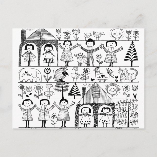 Postal Dibujo artístico popular infantil de niños y anima (Anverso)