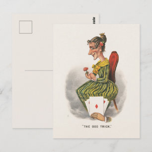Postal Dibujo Cómico Victoriano Mujer Vestido de Rayas Tr