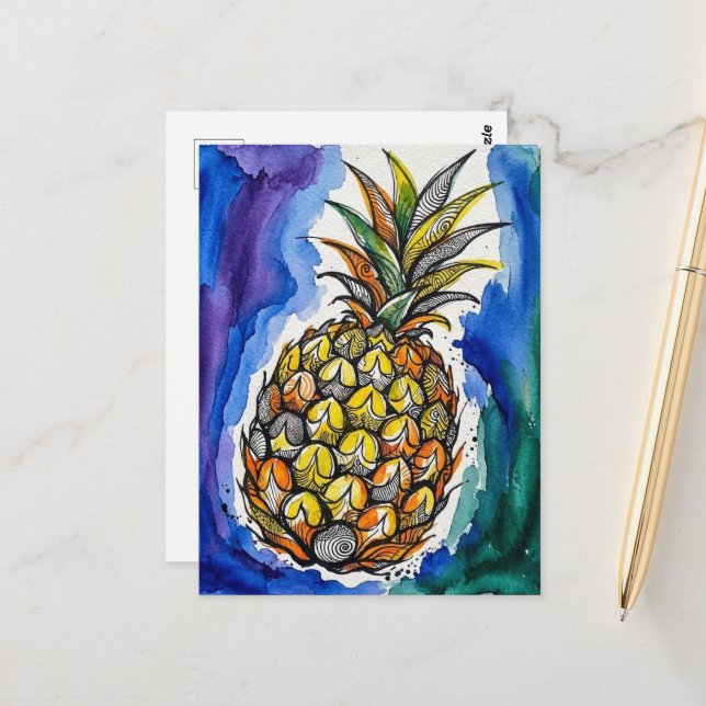 Postal Dibujo de Acuarela de Piña (Anverso/Reverso In Situ)