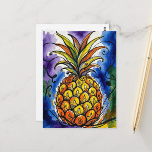 Postal Dibujo de Acuarela de Piña Fruta