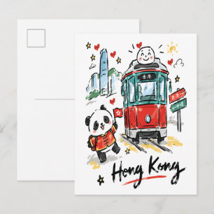 Postal Dibujo de arte adorable del tranvía de Hong Kong