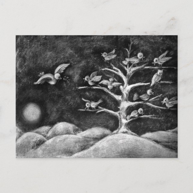 Postal Dibujo de aves blancas de invierno (Anverso)