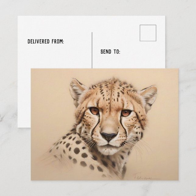 Postal Dibujo de cabeza de guepardo cumpleaños (Anverso / Reverso)