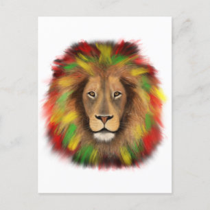 Postal Dibujo de cabeza de león Rasta rojo amarillo verde