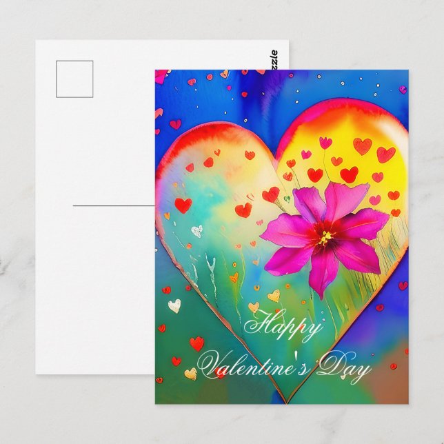 Postal Dibujo de corazón y flores de San Valentín (Anverso / Reverso)