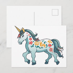 Postal dibujo de dibujos animados de unicornio dibujos a