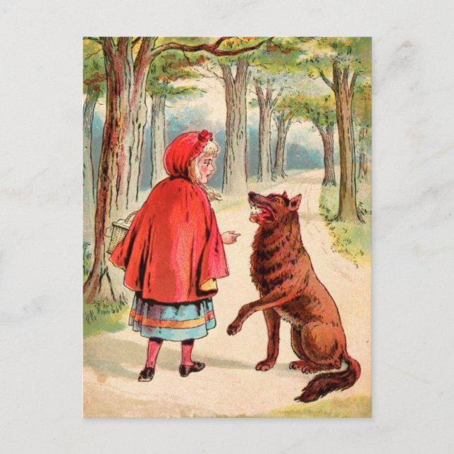 Postal Dibujo de época: Caperucita roja y el lobo (Anverso)