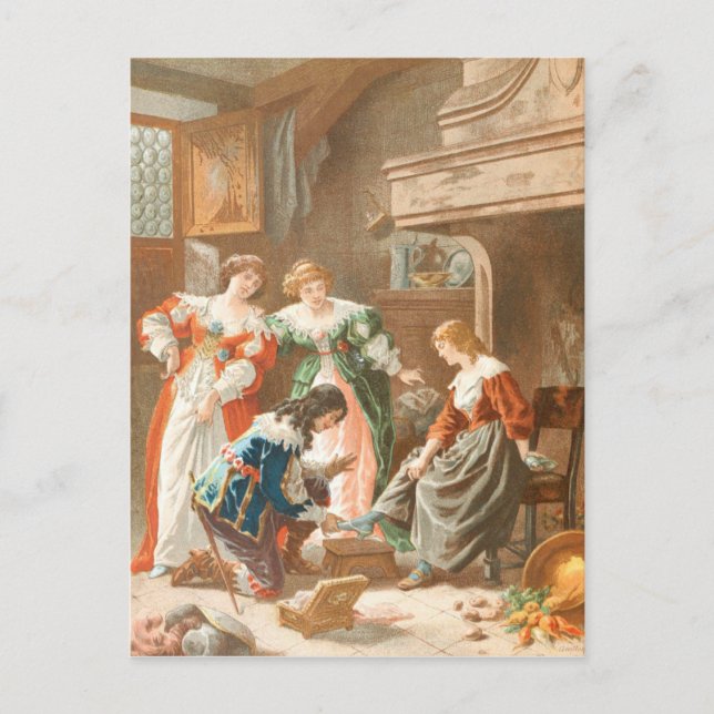 Postal Dibujo de época: Cenicienta y zapatilla de cristal (Anverso)