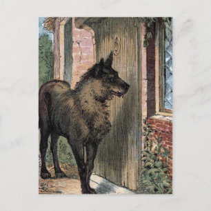 Postal Dibujo de época: El lobo en la puerta de la abuela