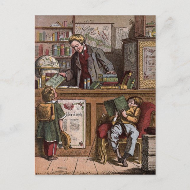Postal Dibujo de época: La librería de antigüedades (Anverso)