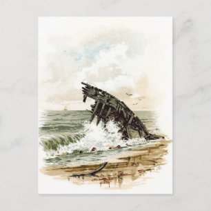 Postal Dibujo de época: Naufragio en la playa