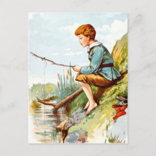 Postal Dibujo de época: Niño pescando en un río