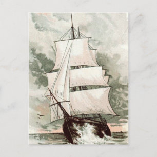 Postal Dibujo de época: Tres barcos con tripulación