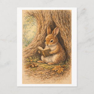 Postal Dibujo de estilo vintage de conejo leyendo en un á