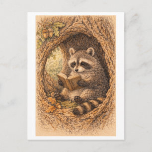 Postal Dibujo de estilo vintage de un mapache leyendo en