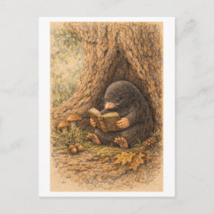 Postal Dibujo de estilo vintage de un topo leyendo en un