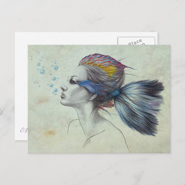 Postal Dibujo de Fantasía de Pescado Mermaid (Anverso / Reverso)