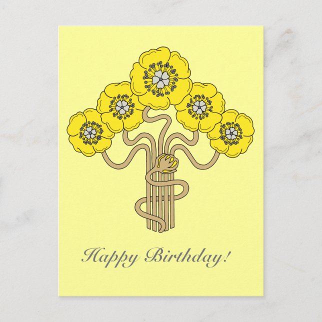 Postal Dibujo de flores Art Nouveau oro feliz cumpleaños (Anverso)