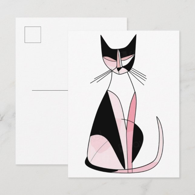 Postal Dibujo de gato simétrico minimalista (Anverso / Reverso)