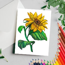 Postal Dibujo de girasol amarillo con lápiz de colores