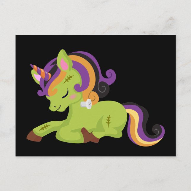 Postal Dibujo de Halloween de Cute Frankenstein Unicorn (Anverso)