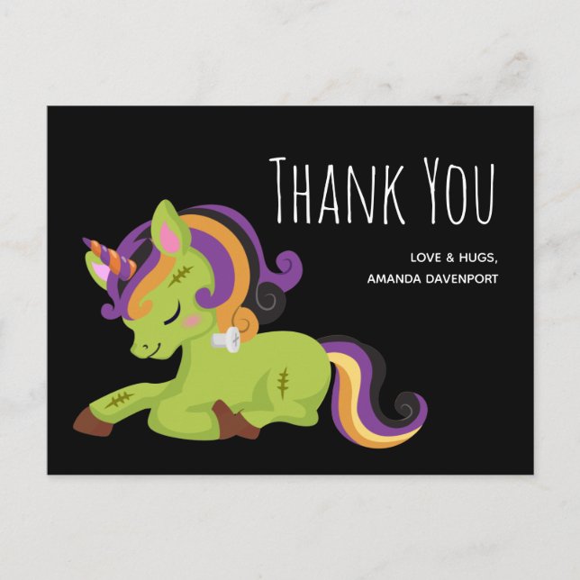 Postal Dibujo de Halloween de Unicornio de Frankenstein G (Anverso)