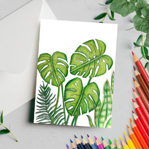 Postal Dibujo de Hojas Verdes de Monstera con Lápiz de Co