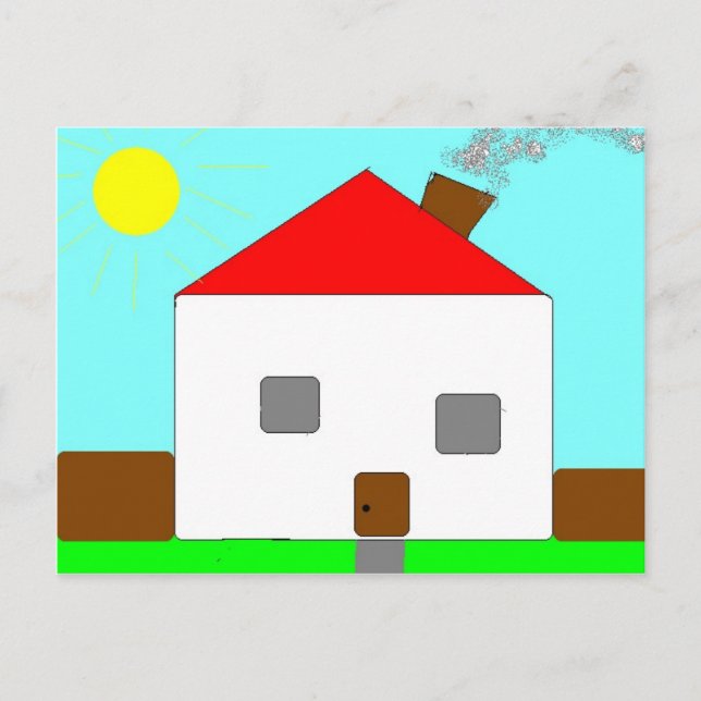 Postal Dibujo De La Casa Azul Verde Roja, Arte De Los Niñ (Anverso)