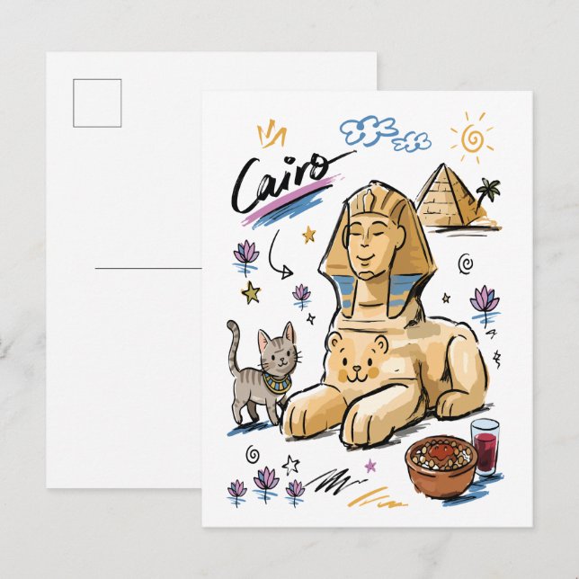 Postal Dibujo de la Esfinge de El Cairo Egipto (Anverso / Reverso)