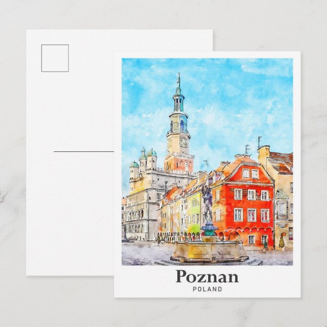 Postal Dibujo de la mano de dibujo acuático de Poznan Pol (Anverso / Reverso)
