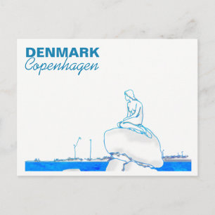 Postal Dibujo de la Sirenita Pequeña de Copenhague Azul